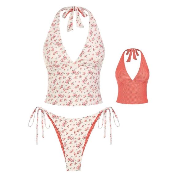 Seamolly Reversible Ditsy Floral & Polka Dot Halter Tie Side Tankini Set | Small - Picture 1 of 8